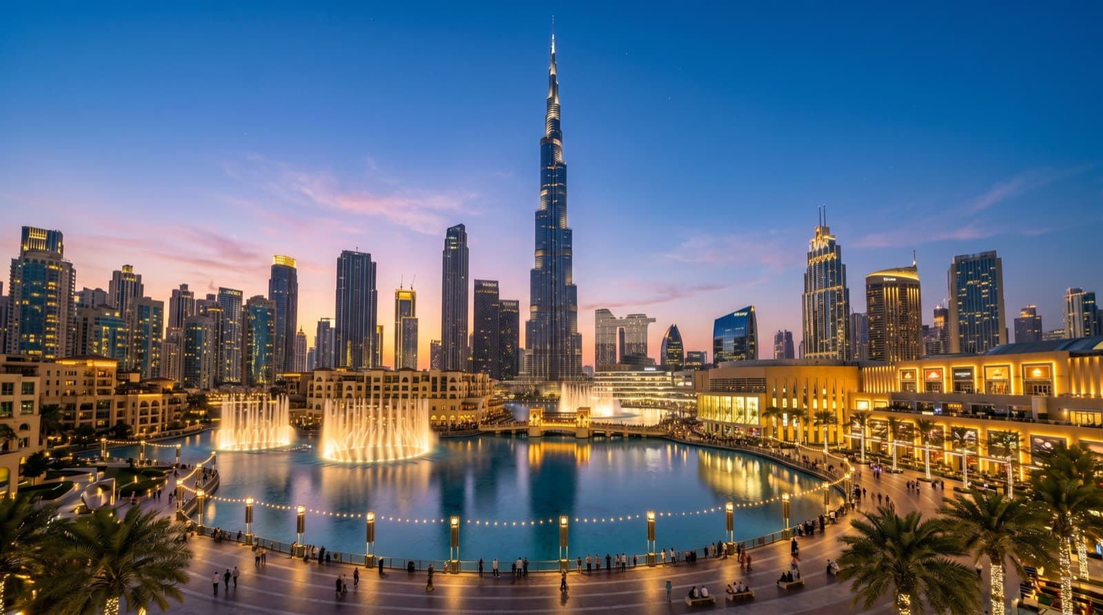 Panorama Downtown Dubai za soumraku s Burj Khalifa a fontánami