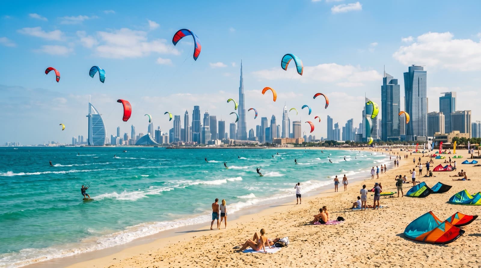 Kite Beach v Dubaji s barevnými kity nad tyrkysovým mořem a panoramatem mrakodrapů