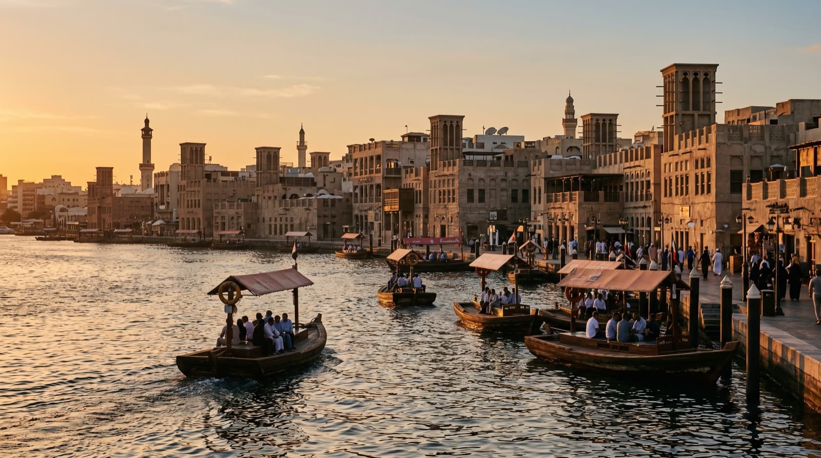 Stará Dubaj Deira za západu slunce s tradičními loděmi abra na Dubai Creeku a větrnými věžemi