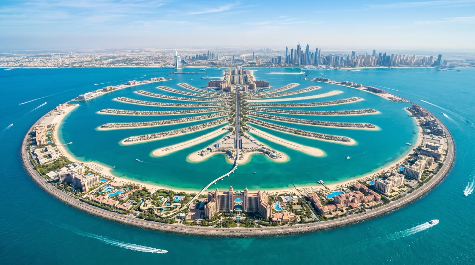 Letecký pohled na ostrov Palm Jumeirah v Dubaji ve tvaru palmy s resorty