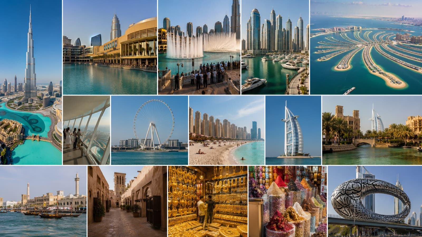 Koláž 15 míst v Dubaji: Burj Khalifa, Dubai Mall, Dubai Fountain, Dubai Marina, Palm Jumeirah, Ain Dubai, pláž JBR, Burj Al Arab, Madinat Jumeirah, Dubai Creek, čtvrť Al Fahidi, zlatý trh, trh s kořením a Museum of the Future
